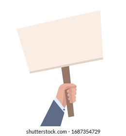 Flat illustration of businessman hand with banner and place for text. Rally and picket. Vector template for articles, advertising and your design.