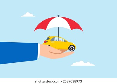 Flat illustration businessman hand gently cover car with umbrella symbolizing automobile insurance protection