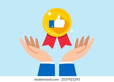 Flat illustration of businessman hand hold thumb up medal badge with ribbon endorsing high quality product employee performance with public approval