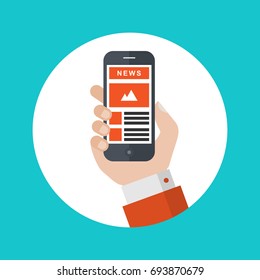 Flat Illustration Of A Businessman Hand Holding A Smartphone With News Feed On The Screen 