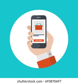 Flat illustration of a Businessman Hand Holding a Smartphone with Shop Basket on the Screen 