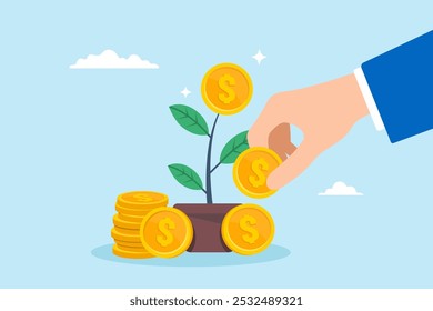 Ilustración plana de la mano del hombre de negocios pone monedas de dinero en el crecimiento de las plántulas que representan el crecimiento de la inversión y la libertad financiera