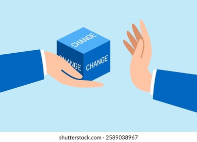 Flat illustration businessman hand refuse to open change cube box representing fear of leaving status quo or comfort zone