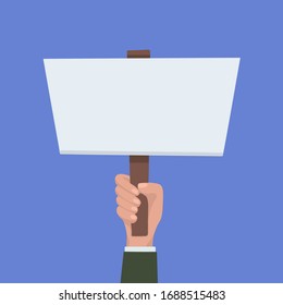 Flat illustration of businessman hand with vertical banner and place for text on blue background. Rally and picket. Vector template for articles, advertising and your design.