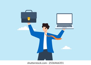 Ilustração plana do homem de negócios segurar pasta laptop equilíbrio principal trabalho lado hustle freelancer salário homem gerenciando o trabalho duplo papel