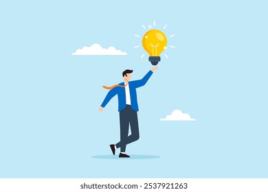 Flat illustration of businessman hold bright lightbulb creativity finding inspiration solution expert solving problem leader giving advise professional help eureka moment