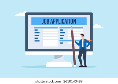 Flat illustration of businessman hold pencil filling in job application form on computer