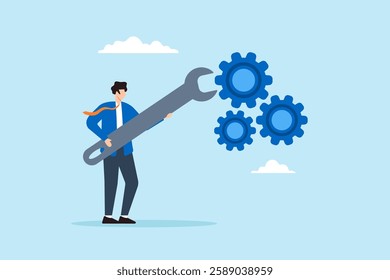 Flat illustration businessman hold wrench to adjust cogwheel symbolizing optimization for business improvement