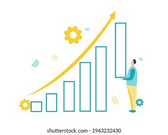 Flat illustration of businessman holding big blue graphic in blue and yellow on white background. Business concept. Symbol of the strength of a businessman
