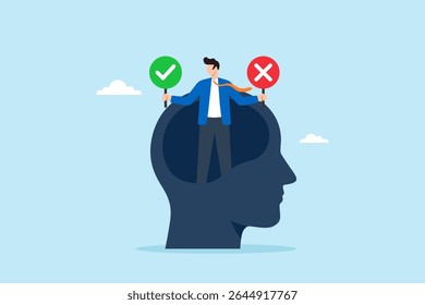 Flat illustration of businessman holding check mark and cross signs inside head silhouette representing internal dilemma decision making and critical thinking