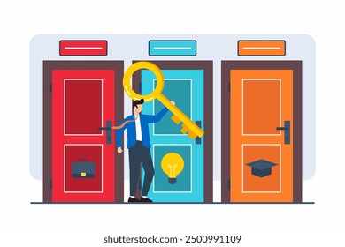 Flat illustration of businessman holding large key to unlocking doors with different career options and potential outcomes