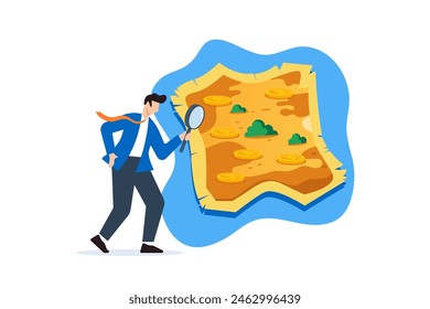 Flat illustration of businessman holding magnifying glass looking coins in treasure map investments journey and adventure