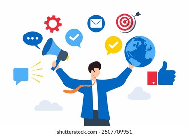 Flat illustration of businessman holding viral marketing elements