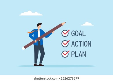 Flat illustration of businessman holds pencil with goal action plan checklist working towards business strategy