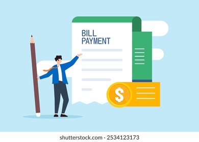 Flat illustration of businessman holds pencil and bill payment document preparing for shopping expense and transactions
