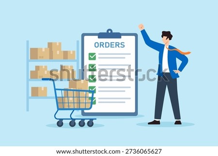 Flat illustration of businessman improving order processing using completed checklist beside shopping cart in inventory operations