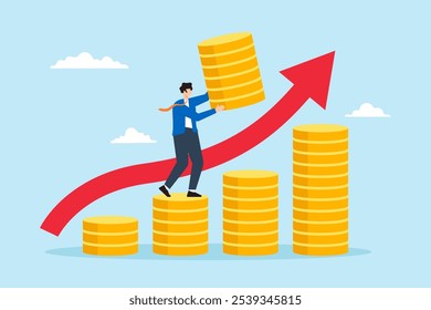 Ilustração plana de empresário aumentar pilha de dinheiro com seta de gráfico para cima crescimento de investimento sucesso financeiro composto ganho de capital de juros lucro fundo de pensão acumulação de riqueza