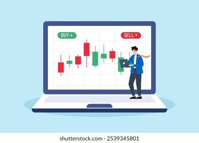 Ilustración plana del inversor de negocios que negocia criptomonedas en la bolsa de valores con Botón de compra y venta en la pantalla del ordenador portátil que invierte análisis técnico