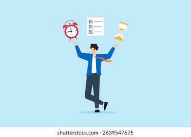 Flat illustration of businessman juggling alarm clock, hourglass, and checklist to manage business time pressure and schedule