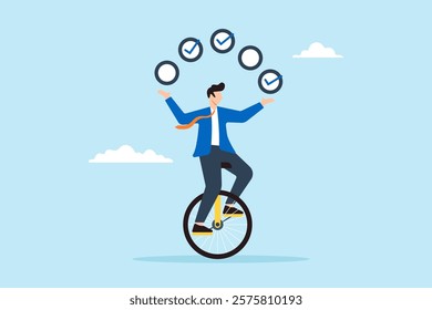 Flat illustration of businessman juggling checkbox while balancing on unicycle symbolizing task management and productivity