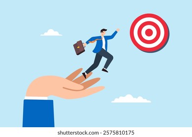 Flat illustration of businessman jump from giant hand to progress toward target symbolizing business mentorship