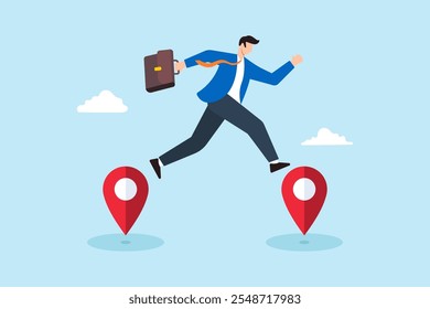 Flat illustration of businessman jump from one map pin to another business relocation to new address