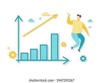 Flat illustration of businessman jumping next to blue chart. Beautiful flat illustrasion in blue and yellow. Business and finance concepts.