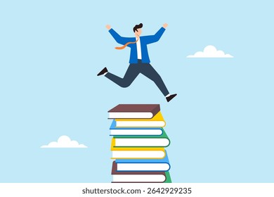 Flat illustration of businessman jumping over tall stack of books to represent knowledge challenge educational growth and learning journey