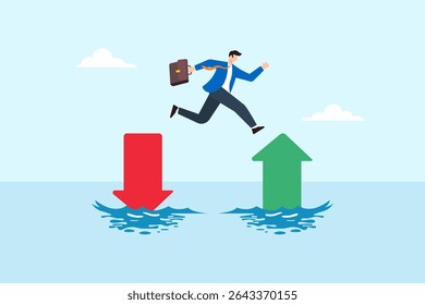Flat illustration of businessman jumping from red down arrow to green up arrow over water to symbolize transition from failure to success and positive growth