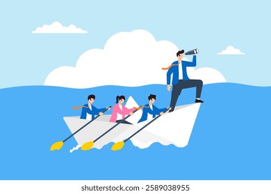 Flat illustration businessman leader with binocular lead team sailing origami ship symbolizing leadership in crisis