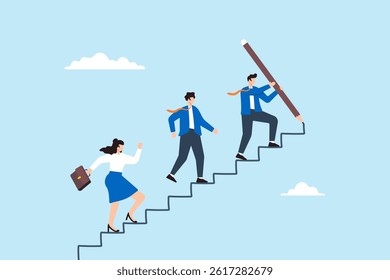 Flat illustration of businessman leader draw stairs with pencil guiding team to success develop career improvement plan