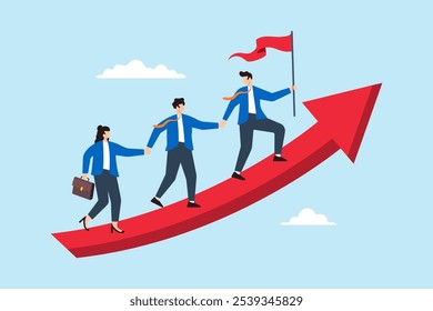 Flat illustration of businessman leader with flag hold hand with employee walking up rising growth arrow graph teamwork cooperate together achieve target leadership build team