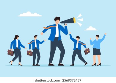 Flat illustration of businessman leader with megaphone guide team toward success motivating them to achieve goals