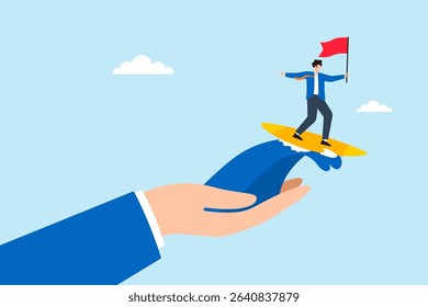 Flat illustration of businessman leader surfing on giant hand wave of support while holding flag to symbolize business achievement and trust