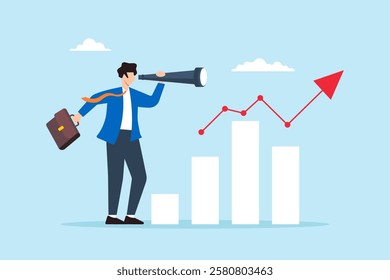 Flat illustration of businessman look through telescope to analyze forecast chart symbolizing leadership vision and prediction