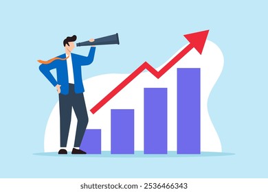 Ilustración plana del hombre de negocios mira a través del telescopio en el diagrama de gráfico de crecimiento que pronostica el aumento económico de las ganancias comerciales, el crecimiento de la inversión y la mejora de las ganancias