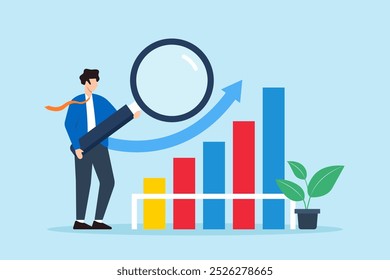 Flat illustration of businessman magnifies benchmark metric graph evaluating key performance indicators