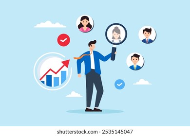 Flat illustration of businessman with magnifying glass focuses on users or client illustrating customer centric marketing strategy