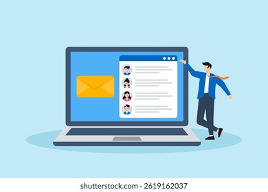 Flat illustration of businessman managing email campaign with laptop, envelope icon, and mailing list for digital marketing