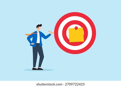 Flat illustration of businessman marking target with sticky note for goal planning and strategy