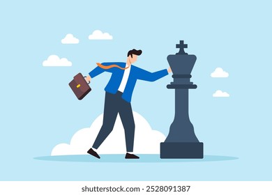 Flat illustration of businessman moves chess king piece symbolizing strategic planning for business success