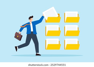 Flat illustration of businessman organizes documents into archive folders illustrating file management and administrative work