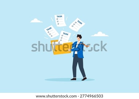 Flat illustration of businessman organizing multiple task documents into folder to manage workload and improve productivity