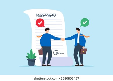 Flat illustration of businessman and partner shaking hand after signing business agreement document symbolizing successful deal