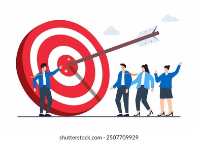 Flat illustration of businessman point arrow bullseye target to team colleagues