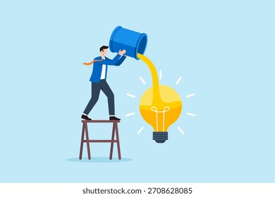 Flat illustration of businessman pouring creativity liquid into bright large light bulb for innovation boost