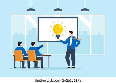 Flat illustration of businessman presenting glowing lightbulb symbol on digital screen during team meeting in modern office workspace