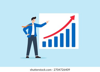 Ilustración plana del hombre de negocios que presenta el gráfico con el alto gráfico de la barra de la mejora que simboliza el éxito de los ingresos del crecimiento de las ventas y el funcionamiento positivo del negocio