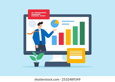 A ilustração plana do empresário apresenta dados na tela do computador durante o webinar de apresentação on-line que discute conhecimentos financeiros