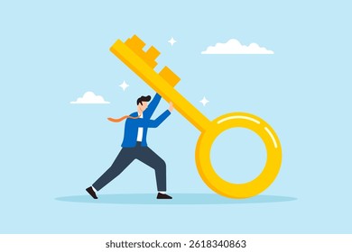 Flat illustration of businessman push big golden key with effort unlock business success leadership career opportunity